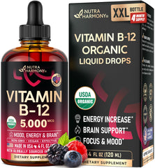 USDA Organic Vitamin B12 Drops berry flavor bottle front 5000mcg 4oz
