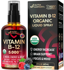 USDA Organic Vitamin B12 Sublingual Spray bottle with 5000 mcg label