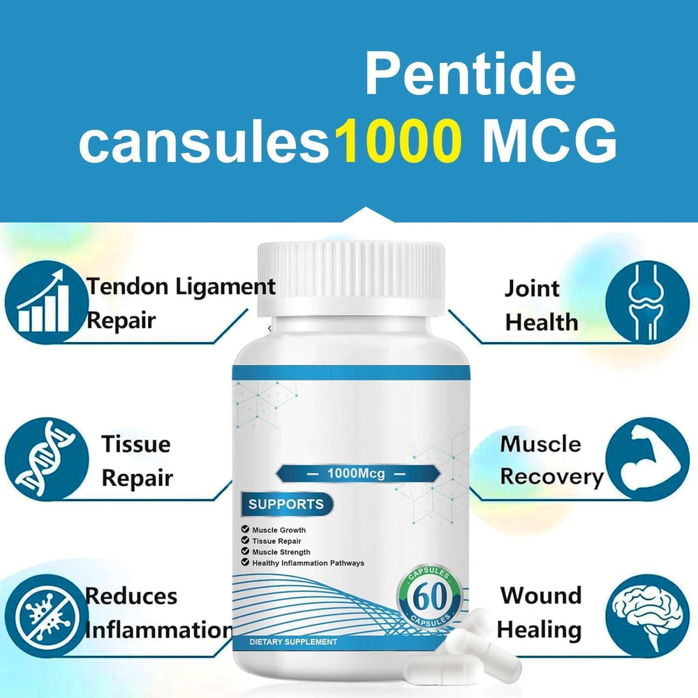 Close-up of BPC-157 capsules showing 1000 mcg per capsule