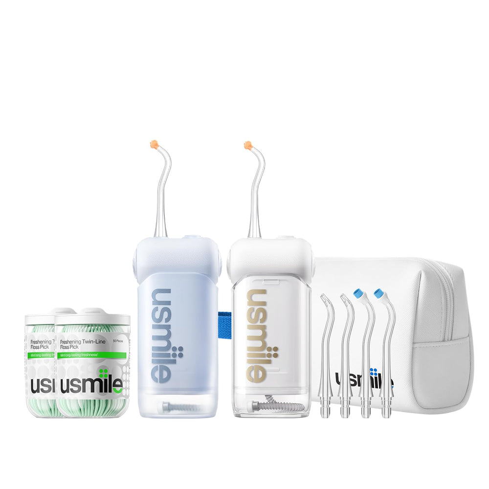 Blue and white usmile C10 portable water flosser front view