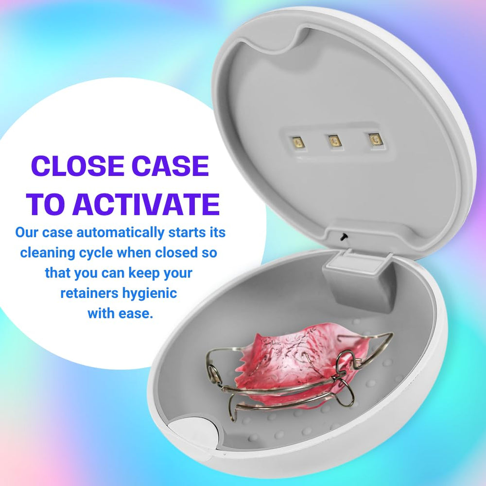 UVC Retainer Case White with lid open showing inner silicone tray