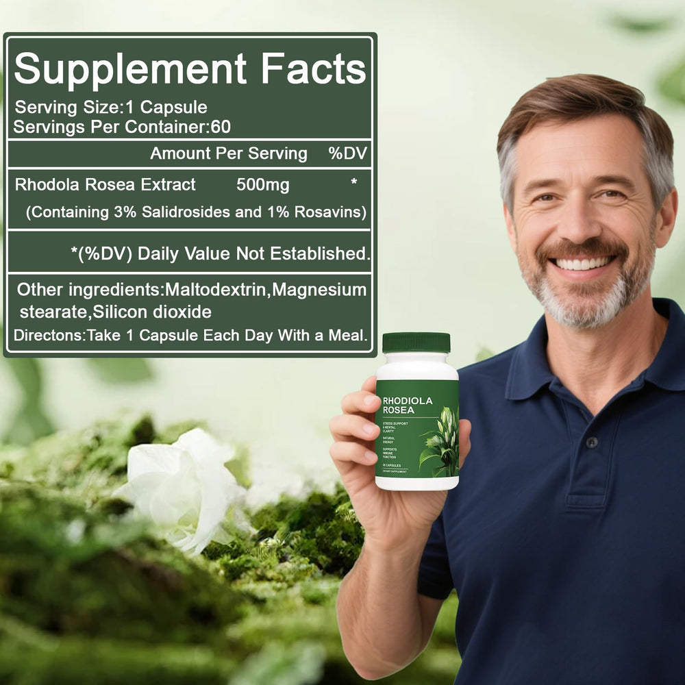 Close-up of Rhodiola Rosea root extract capsules