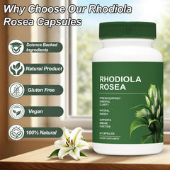 Vegan, gluten-free label on Rhodiola Rosea supplement bottle