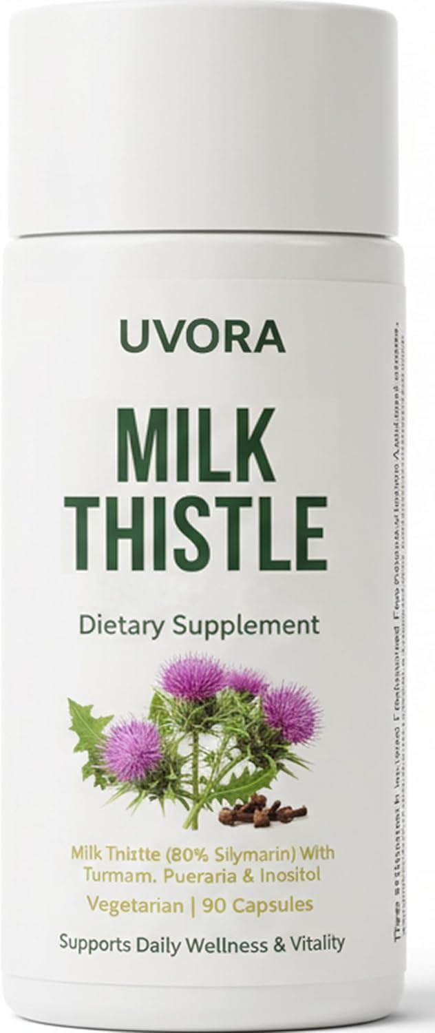 UVORA Milk Thistle front label showing supplement benefits and 90 capsules