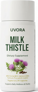 UVORA Milk Thistle front label showing supplement benefits and 90 capsules