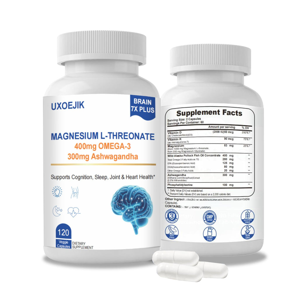 Bottle of UXOEJIK Magnesium L-Threonate 2000mg with D, K2, Fish Oil & Ashwagandha
