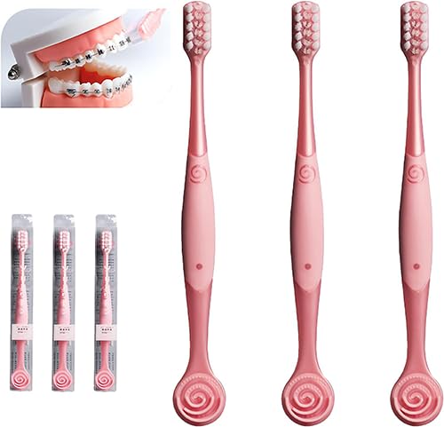 Front view of pink V-shaped orthodontic toothbrush for braces (3pcs)