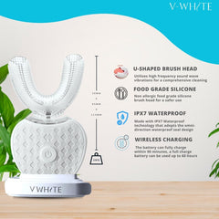 Box contents: toothbrush handle, silicone head, wireless charging dock, regular head, instruction manual