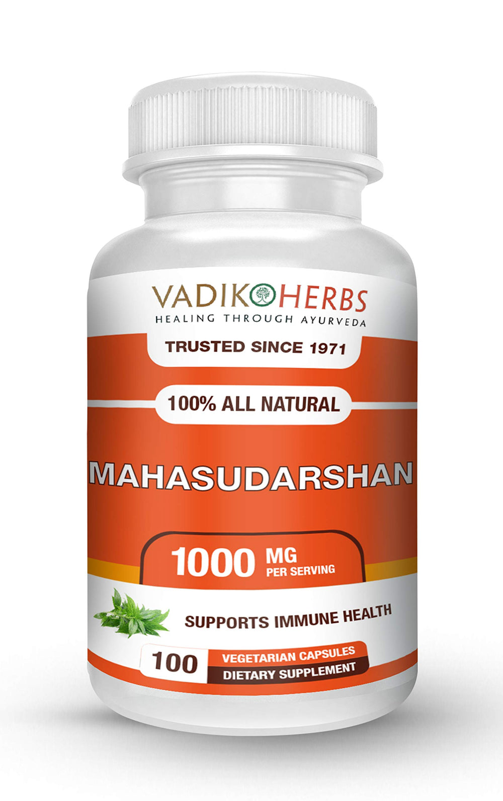 Bottle of Vadik Herbs Mahasudarshan Powder 100 Vegicaps on white background
