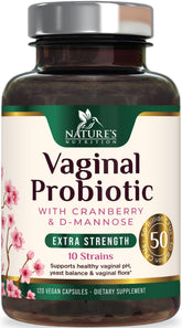 Vaginal Probiotics bottle displaying 50 Billion CFU and 10 strains