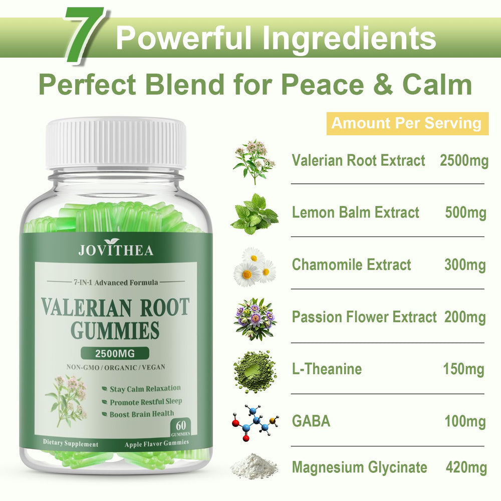 Close-up of valerian root gummies in a row with Apple flavor