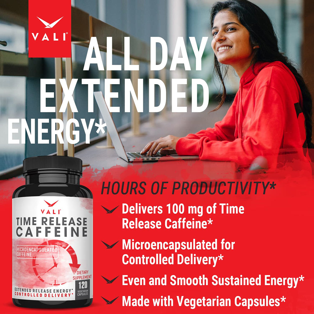 VALI Time Release Caffeine Capsules open reveals fine powder for on-the-go energy.