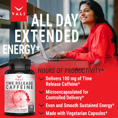 VALI Time Release Caffeine Capsules open reveals fine powder for on-the-go energy.