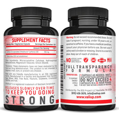 VALI Time Release Caffeine Capsules ingredient list highlights clean, transparent formula.