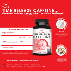 VALI Time Release Caffeine Capsules label close-up confirms 100 mg dose for reliable dosing.