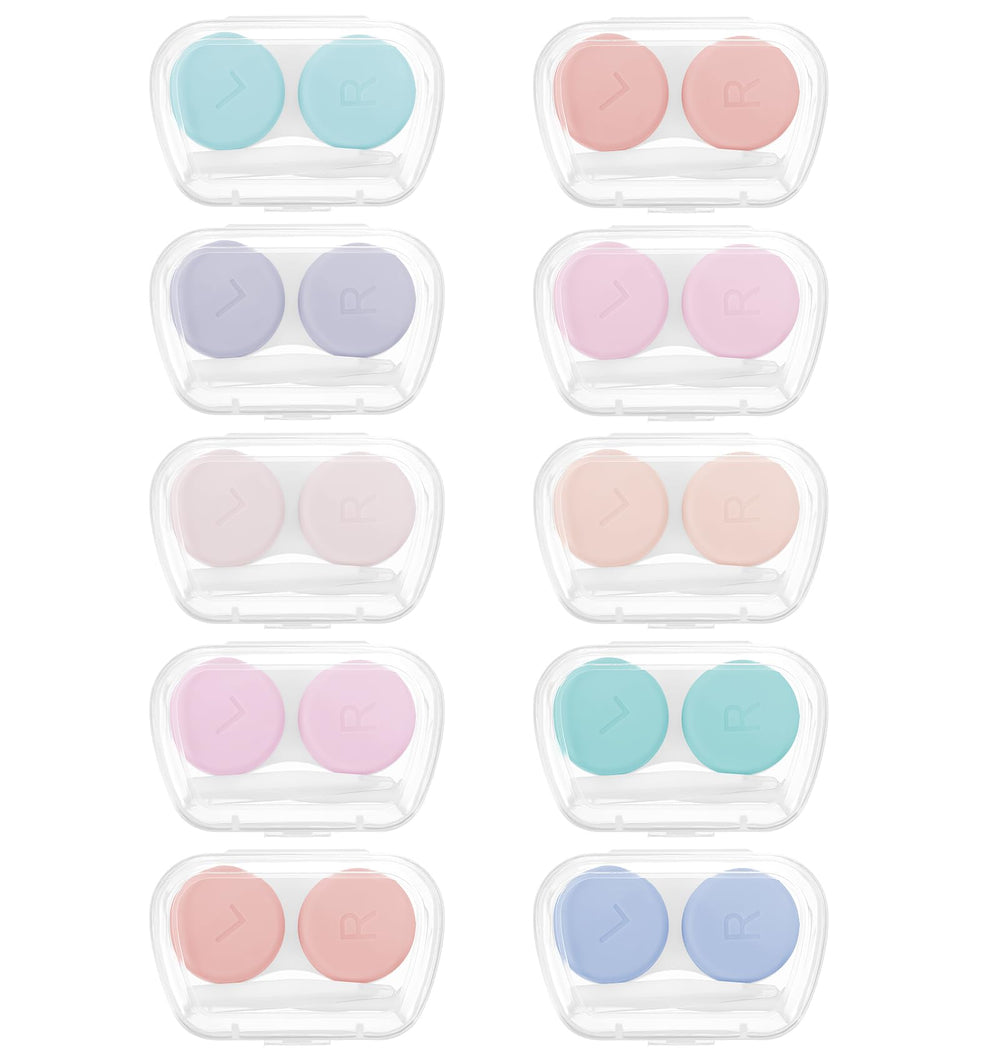 Ten colorful contact lens cases with a tweezer and applicator tool for travel