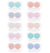 Ten colorful contact lens cases with a tweezer and applicator tool for travel