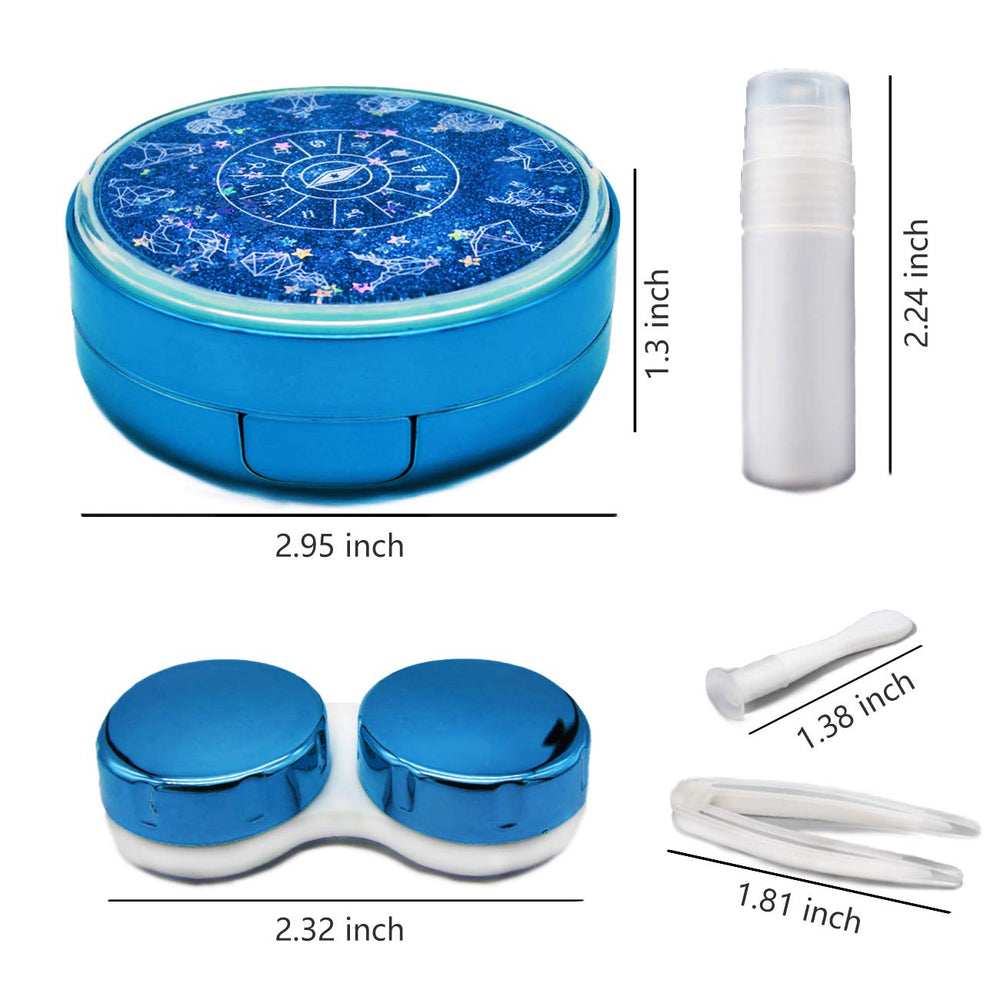 Travel-size blue contact lens case featuring built-in mirror