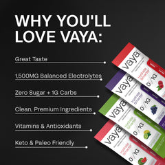 Vaya sugar-free electrolyte packets grape glass highlighting portable hydration on the go