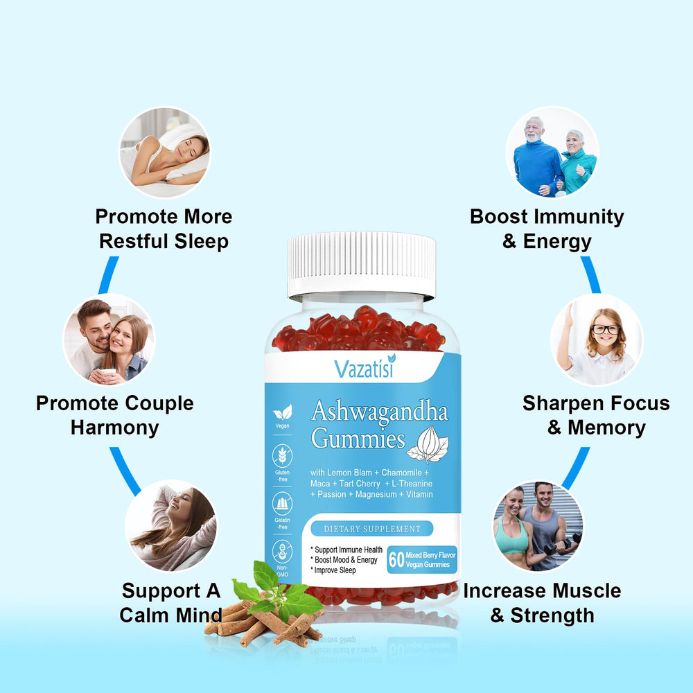 Vazatisi Ashwagandha Gummies packaging box and bottle on white background