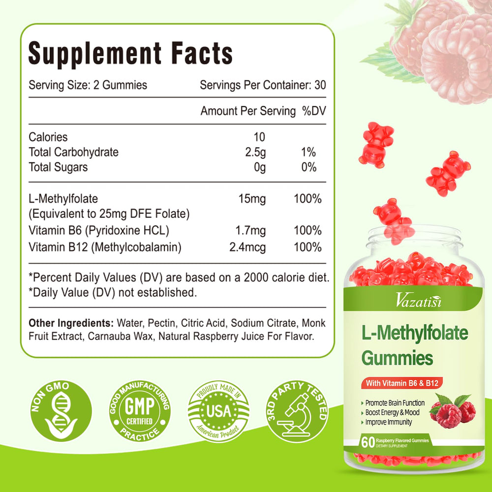 Close-up of Vazatisi L-Methylfolate Raspberry gummies