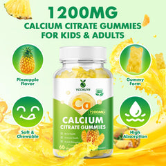 Pineapple-flavored vegan calcium citrate gummies on white background