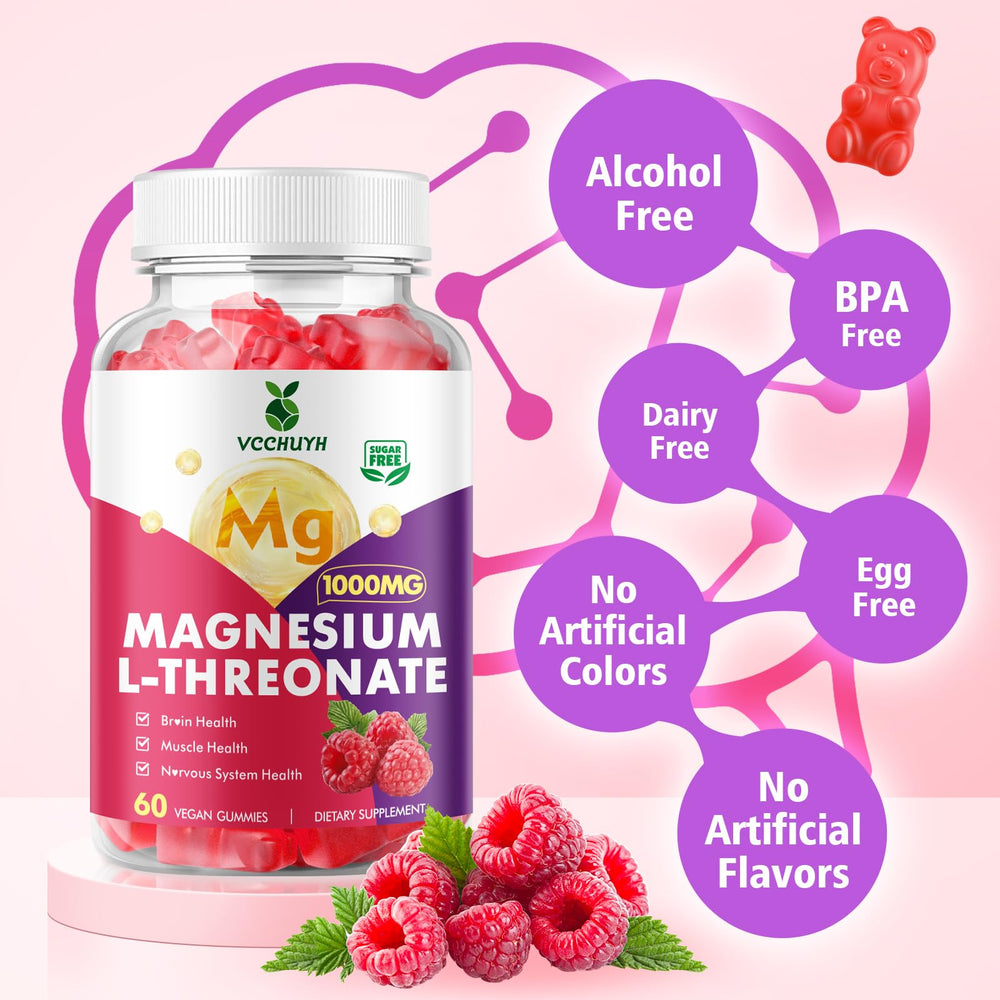 Bottle label of VCCHUYH Magnesium Threonate Gummies Raspberry 60 count