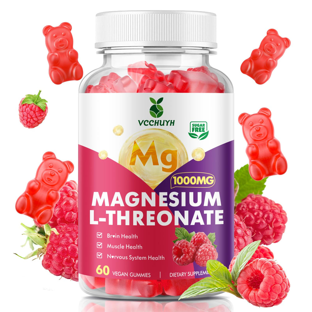 Front view of VCCHUYH Magnesium Threonate Gummies Raspberry flavor bottle (60 count)