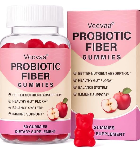 Bottle of Vccvaa 9-in-1 Probiotic Fiber Gummies on white background