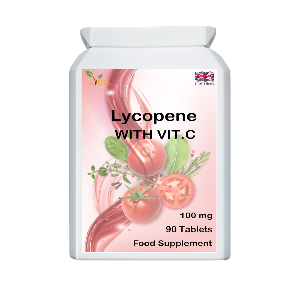 Front view of Ved Lycopene Supplement bottle showing 100 mg per tablet