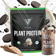 Front label of vedge Vegan Protein Powder Cookies and Creme tub