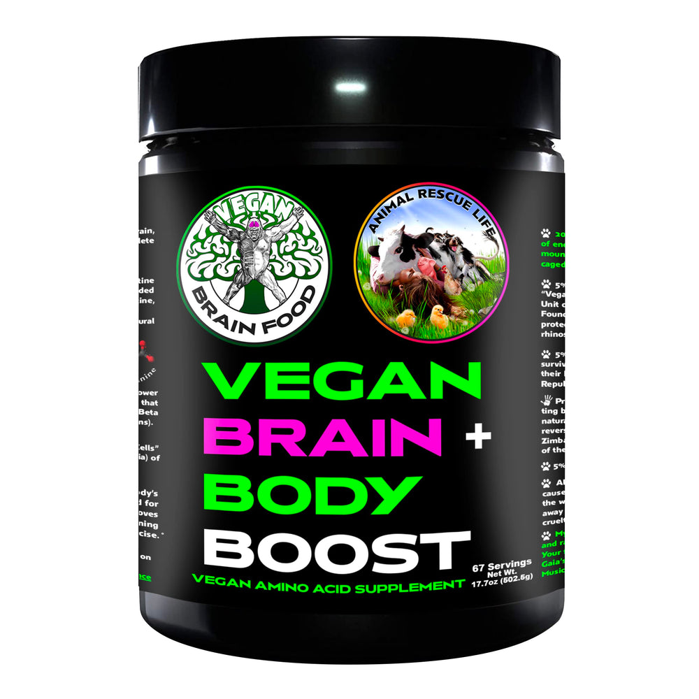 Product photo: Vegan Brain Food bottle and label on white background