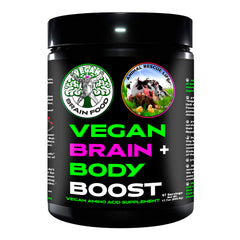 Product photo: Vegan Brain Food bottle and label on white background