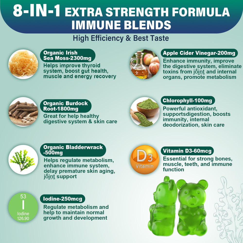 Vegan detox sea moss gummies label emphasizing 8-in-1 potency