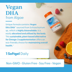 Doctors Best vegan DHA algae pack image highlights compact, travel-friendly capsules.