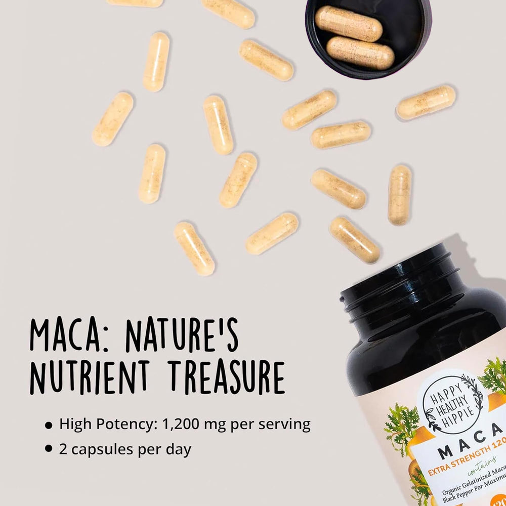 Vegan-certified maca capsules on white background