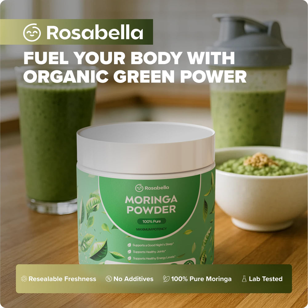 Vegan and gluten-free Rosabella Moringa powder label