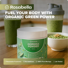 Vegan and gluten-free Rosabella Moringa powder label