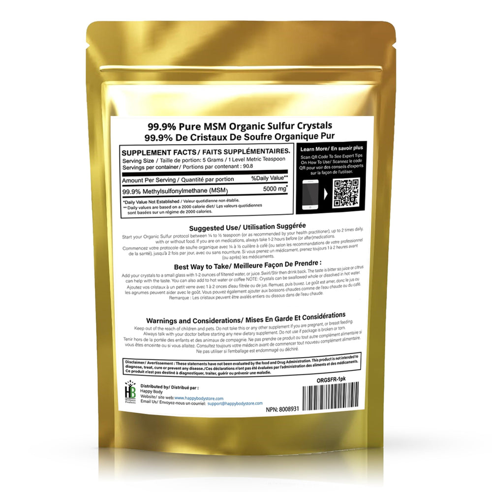 Vegan, gluten-free organic sulfur MSM product label
