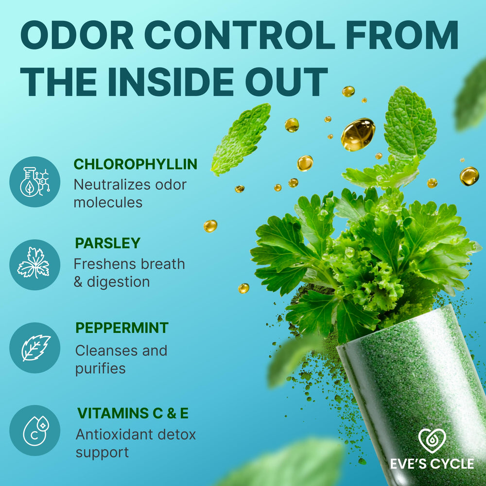 Vegan internal deodorant pills made with chlorophyllin, parsley and peppermint