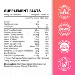 Label highlighting ingredients: Vitamin C and CoQ10 in vegan iron gummies