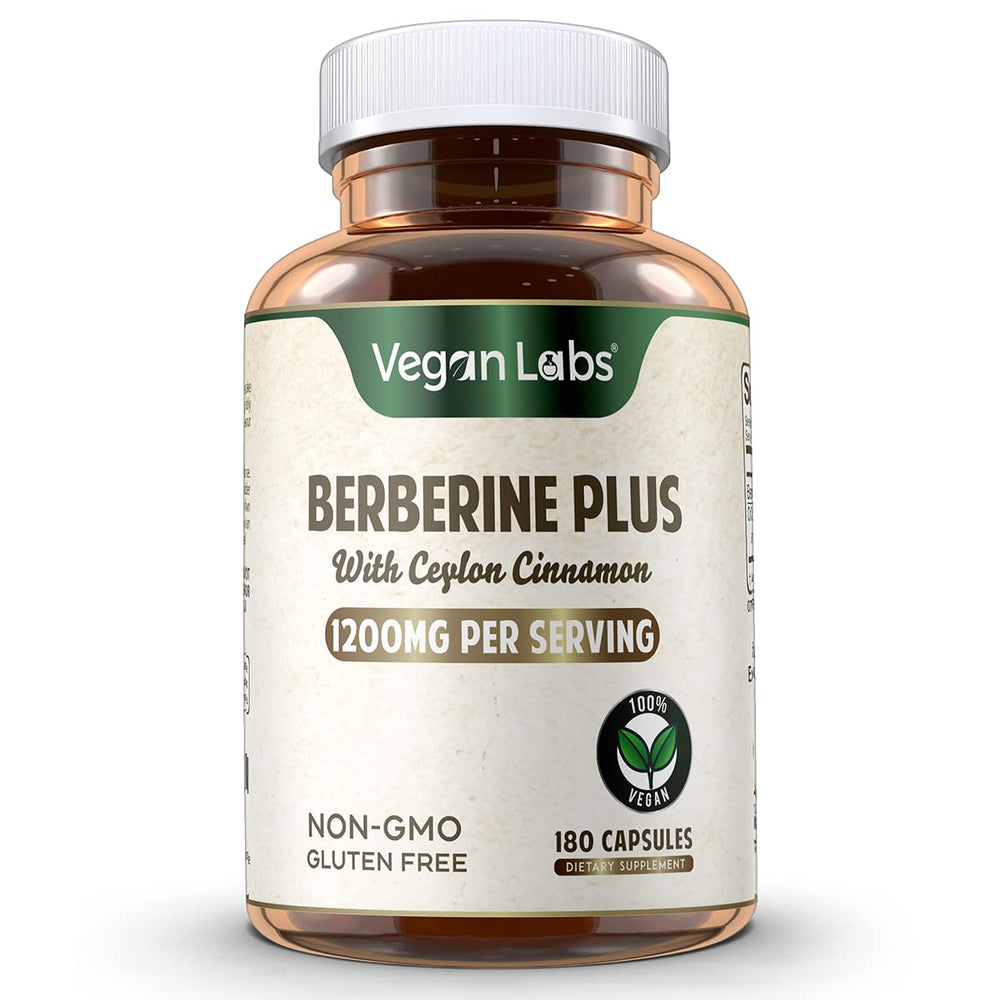 Close-up of label showing 1200mg Berberine HCl and 200mg Cinnamon per serving