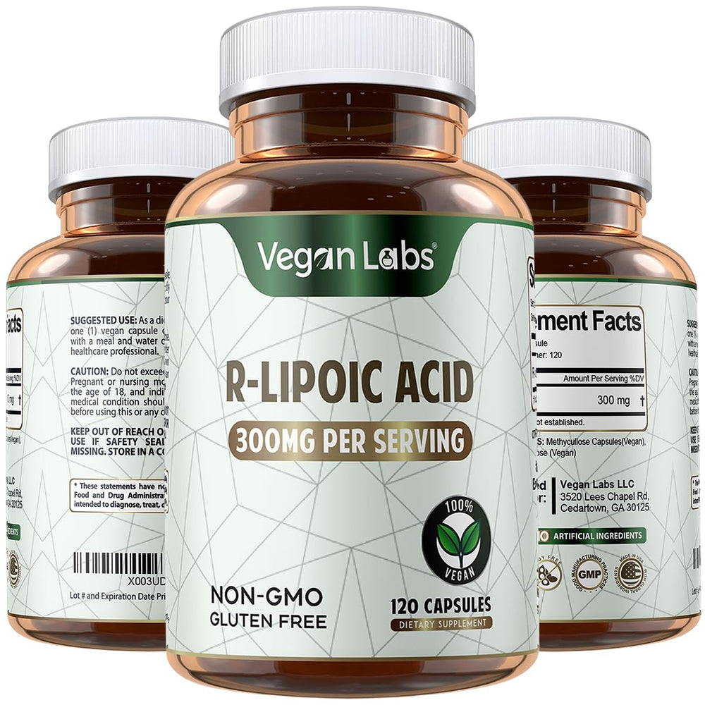 Vegan Labs R-Lipoic Acid 300mg bottle and 120 vegan capsules