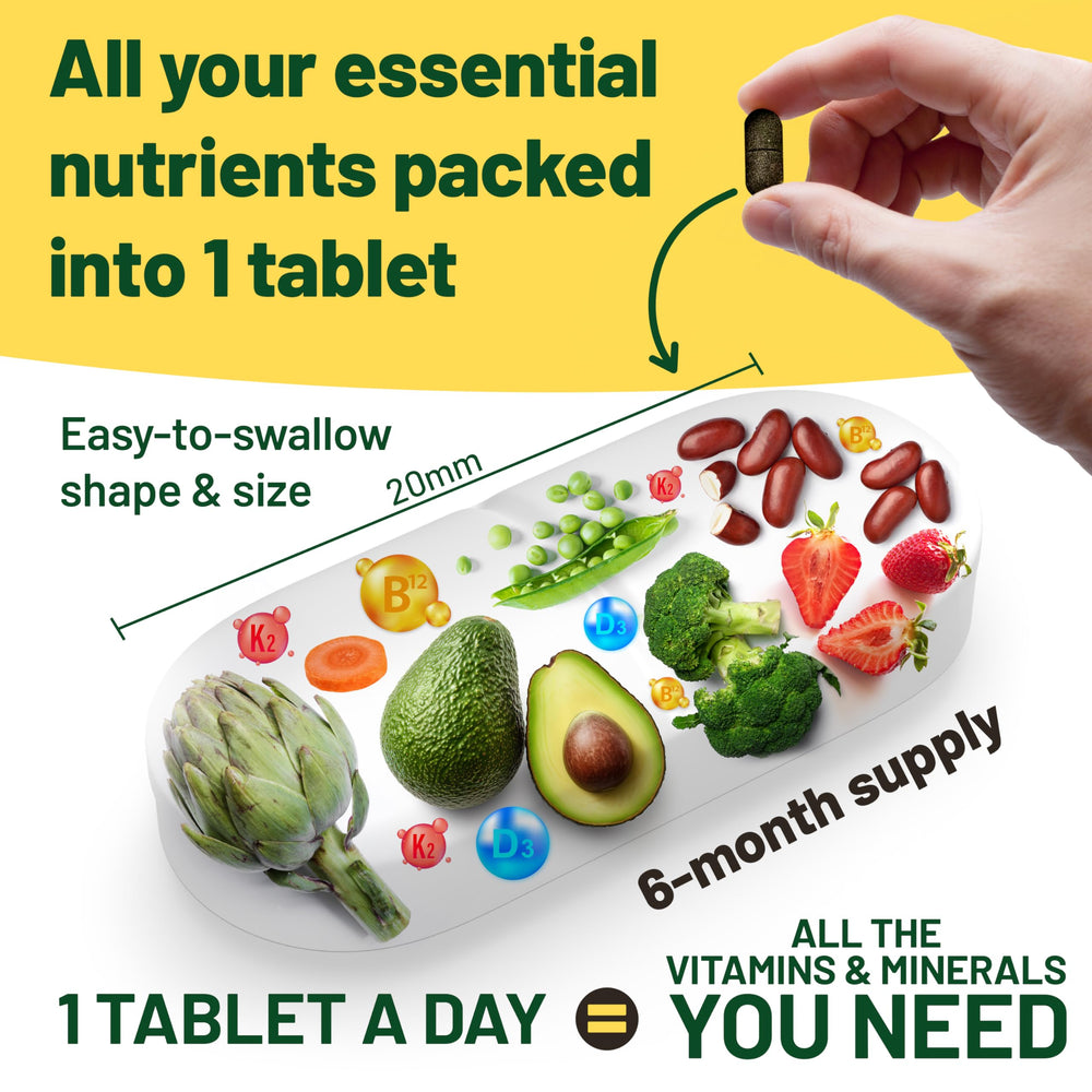 Six-month supply packshot of vegan multivitamins