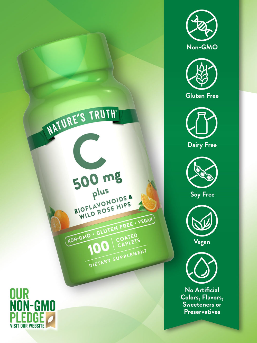 Vegan-friendly, non-GMO and gluten-free Vitamin C supplement packaging