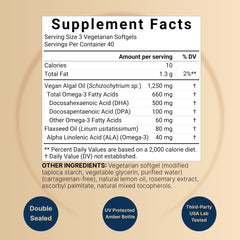 Nutrient breakdown for 3-softgel serving: DHA 500 mg, DPA 100 mg, ALA 40 mg with flaxseed oil