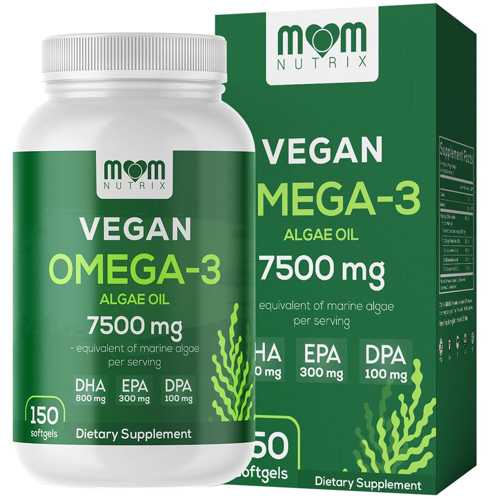 Bottle of MOM Nutrix Vegan Omega-3 algae oil supplement