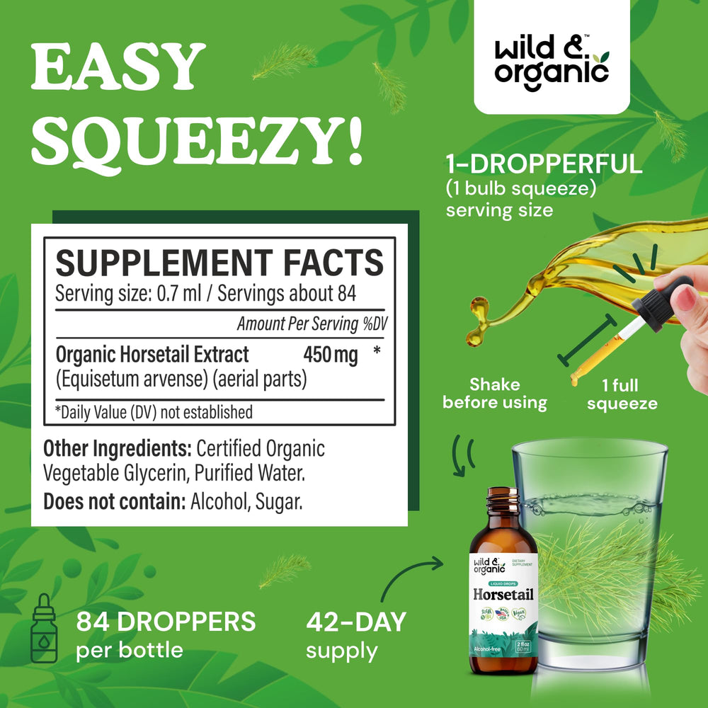 Vegan, sugar-free, alcohol-free horsetail drops label