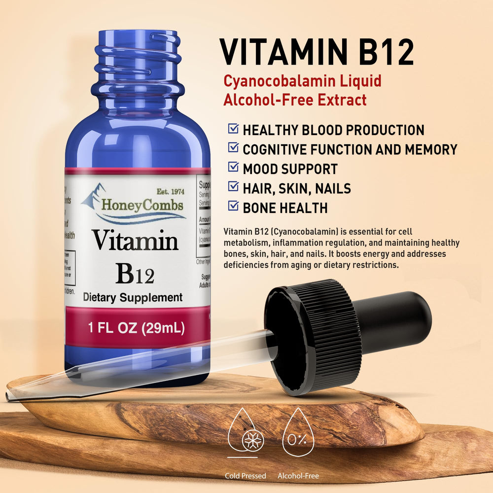 Vegan-friendly Vitamin B12 liquid drops with dropper.