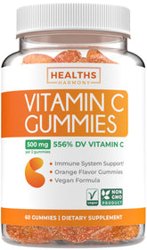 Bottle of vegan vitamin C gummies for adults with orange flavor and 500 mg per serving